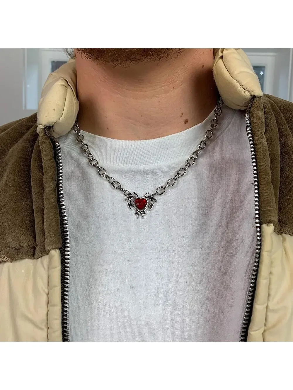 Cyber Red heart shaped opal love pendant thick chain y2k 2000s opium style neckl